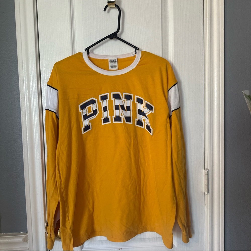 Victoria's Secret PINK Long Sleeve Shirt Jersey Yellow Blue Size Large